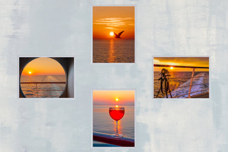 Collage of photos on the background of the sea and the sunsetの写真素材