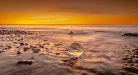 Sunset on the Baltic Sea with a crystal ball in the foregroundの写真素材