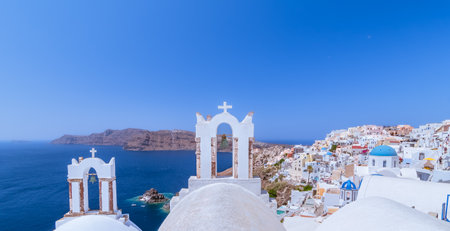 Panoramic view of Oia village on Santorini island, Greeceの写真素材