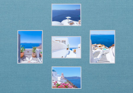 Design for postcard, summer vacation in Santorini, Greeceの写真素材