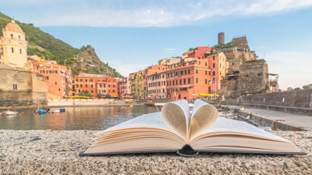 Open book with colorful old buildings in Vernazza, Cinque Terre, Italyの写真素材