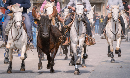 Horsemen on horseback in Camargue, France.の写真素材
