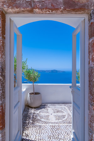 White architecture on Santorini island, Greece. Beautiful landscape with sea viewの写真素材