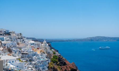 White architecture on Santorini island, Greece. Beautiful landscape with sea viewの写真素材