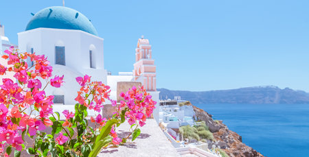 Panoramic view of Santorini island, Greece. Beautiful summer landscape.の写真素材