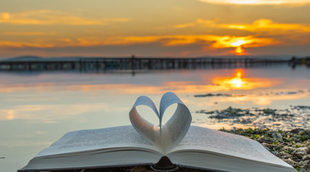 Heart shape book on the beach with sunset background, Love concept.の写真素材