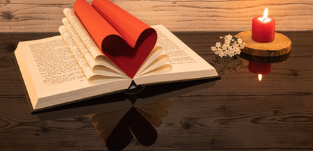 Open book with a red heart on a wooden table. Valentines day background.の写真素材