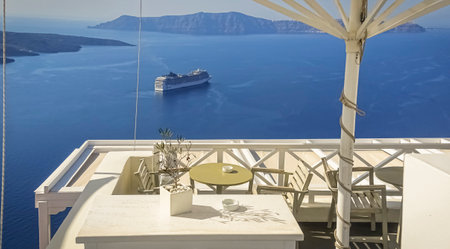 Santorini island, Greece. View from terrace of restaurantの写真素材