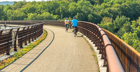 Cyclists on the bridge in the park. Active lifestyle.の写真素材