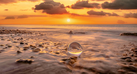 Beautiful sunset on the beach with crystal ball in the sea.の写真素材