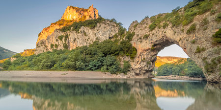 Panoramic view of the Ardeche river in France at sunsetの写真素材