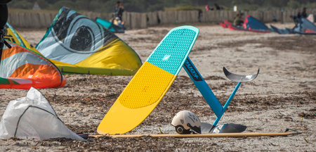 Kitesurfers on the beach. Surfing. Extreme sports.の写真素材