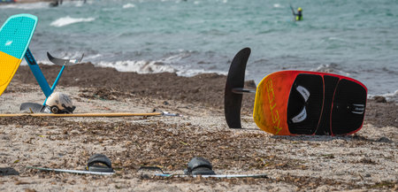 Kitesurfers on the beach. Surfing. Extreme sports.の写真素材