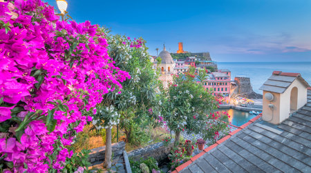 Panoramic view of Vernazza in Cinque Terre, Italy.の写真素材