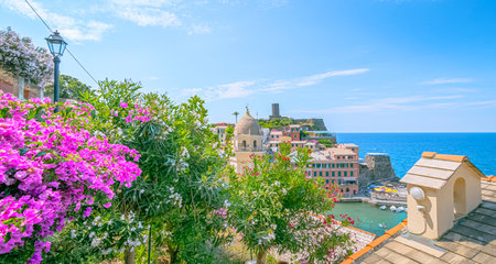 Panoramic view of Vernazza in Cinque Terre, Italyの写真素材