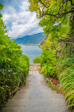 Panoramic view of Lake Como from the Villa Balbianello, Italyの写真素材