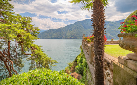 Panoramic view of Lake Como from the Villa Balbianello, Italyの写真素材