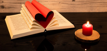Open book with heart and candle on wooden table. valentines day background