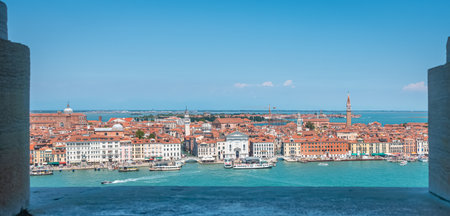 Panoramic view of Venice from the terrace of the Campanile, Italyの写真素材