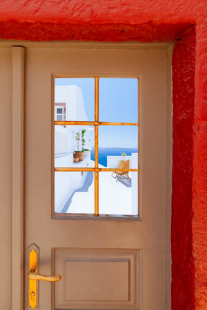 View of the narrow streets of Thira, Santorini, Greeceの写真素材