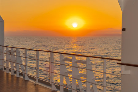 Sunset on the deck of a cruise ship in the Mediterranean Seaの写真素材