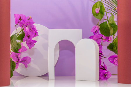 White podium with purple flowers on a purple background. 3d renderingの写真素材