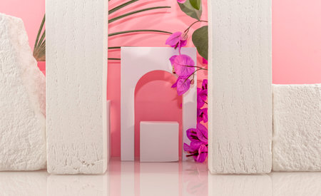 3d render of minimal geometric shapes composition. Pink and white podium with flowers and plants.