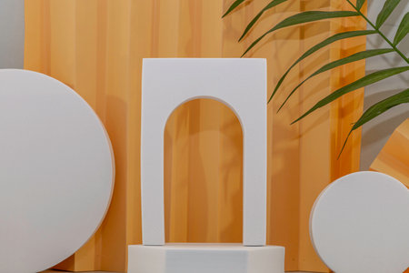 White podium on the background of the orange curtain. 3d renderingの写真素材