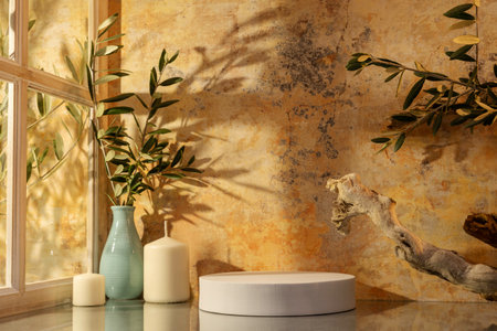 Minimalist interior design of bathroom, toilet, bathtub, mirror, green plants in vases.