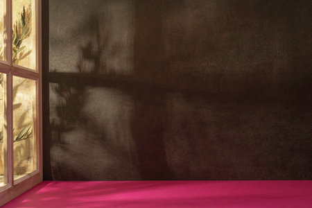 Interior of a room with a black wall, a window and a pink carpetの写真素材