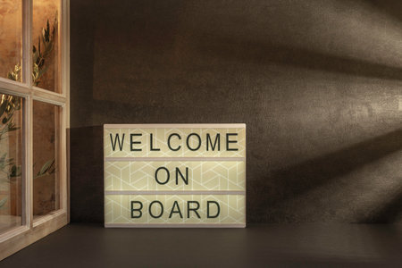 Welcome on board in dark room. 3D render. Abstract background.の写真素材