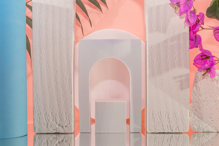 3d render of white podium on pink background. Minimal concept.