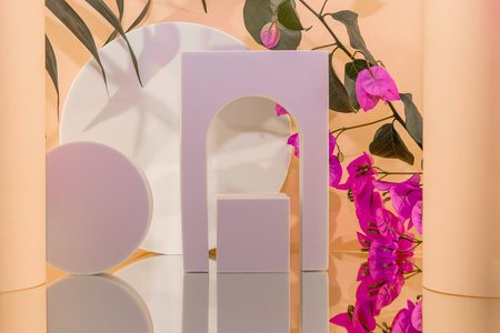 Minimal abstract background with geometrical forms, flowers and podiums