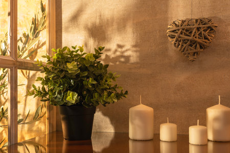 Burning candles in a vase on a wooden table near the window.の写真素材