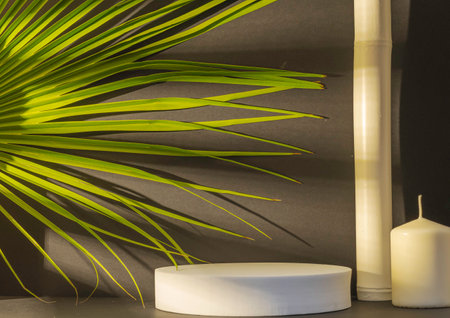 White round podium with palm leaf and candles on a black background.の写真素材