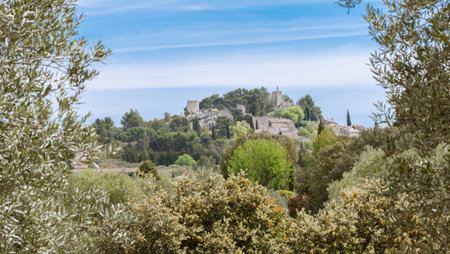 Provencal village of EygaliÃ¨res in the Alpilles, village perched in the middle of olive fields near Arles and Baux de Provence. South of France.の写真素材