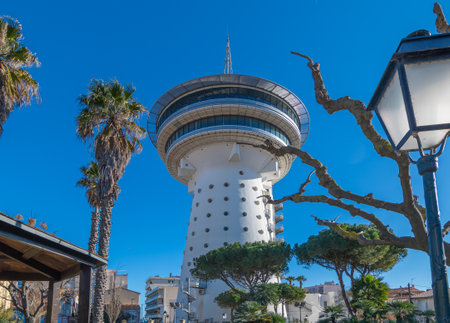 Lighthouse of the Mediterranean of the city of Palavas-les-Flots, in the south of France. Former water tower transformed into a panoramic restaurant.の写真素材