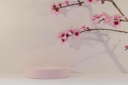 3d render of minimal product display podium with cherry blossom flowers.の写真素材