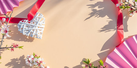 Valentine's day background with paper hearts, flowers and gift boxの写真素材