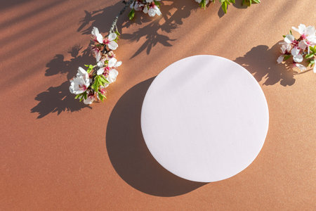 Blank round white paper card with spring flowers on brown background, top viewの写真素材