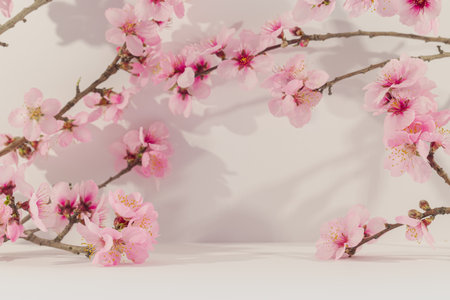 Peach blossom branch on white background. Spring flowers. Copyspace.の写真素材