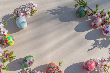 Easter eggs and spring flowers on a white background. Copyspace.の写真素材