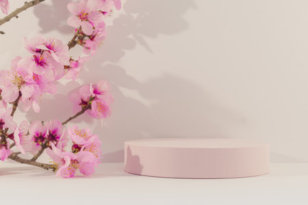 3d render of minimal display podium with peach blossom background.の写真素材