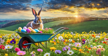 Easter bunny in wheelbarrow with colorful eggs on meadowの素材