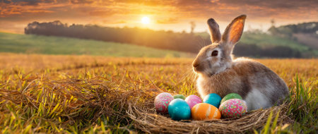 Easter bunny with colorful eggs in the field. Happy Easter concept.の素材