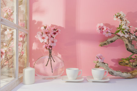 Cup of coffee and flowers on the table with pink wall backgroundの写真素材