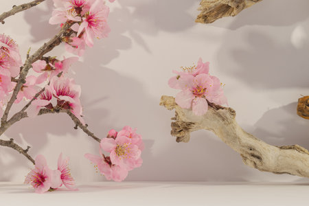 cherry blossom branch on white background with copy space for textの写真素材