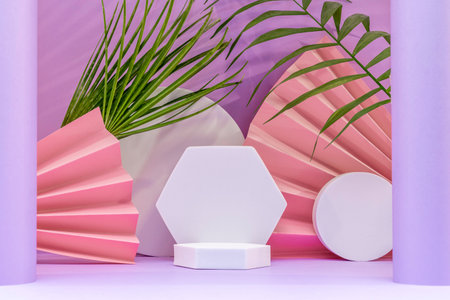 3D render of minimal geometric forms, podium for product presentation.の写真素材