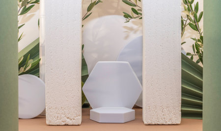 White round podium for product presentation in modern interior with green plants. 3D renderingの写真素材