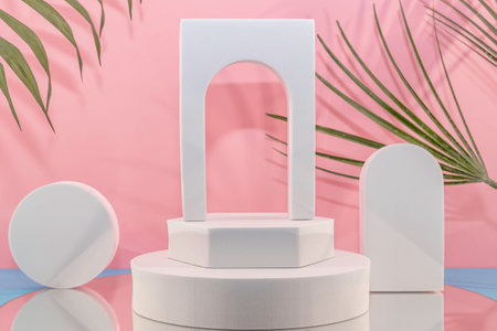 White podium with palm leaves on pink background. 3d render.の写真素材